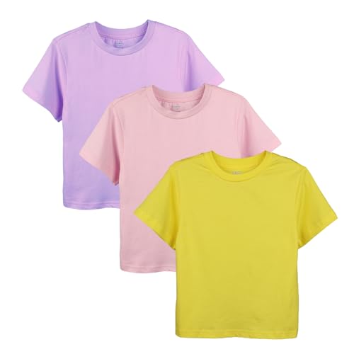 Image of Girls Short Sleeve Tees Summer Crewneck T-Shirts Kids Cotton Soft T-Shirts Top,Pack of 3,Style YPP09, Pack of 3, Small, Yellow /Purple /Pink