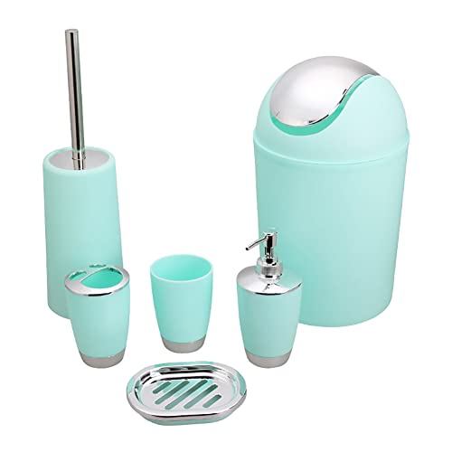 Worparsen Juego de 6 accesorios de baño, botella de loción, cepillo de dientes, taza de enjuague bucal, jabonera, kit de cepillo de inodoro, color verde menta