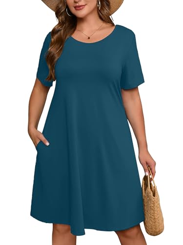 Image of AusLook Plus Size Midi Dress for Women Casual Summer Short Sleeve A Line Swing Dress with Pocket Round Neck Flowy Dress 1X-5X