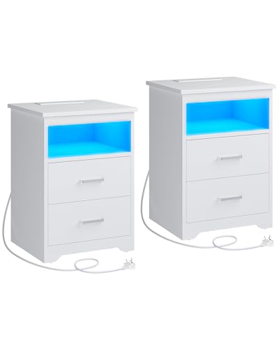 KIMENICH Bedside Table Set of 2 with LED Lighting, Bedside Cabinet with Charging Station, Nightstand, USB Ports, 2 Drawers, for Bedroom, Living Room, White