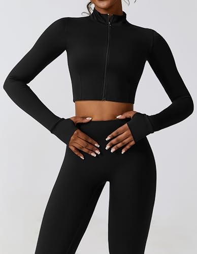 Yknktstc Womens Full Zip Athletic Jacket with Thumbhole Long Sleeve Crop Top Running Workout Yoga Sportswear Shirt2