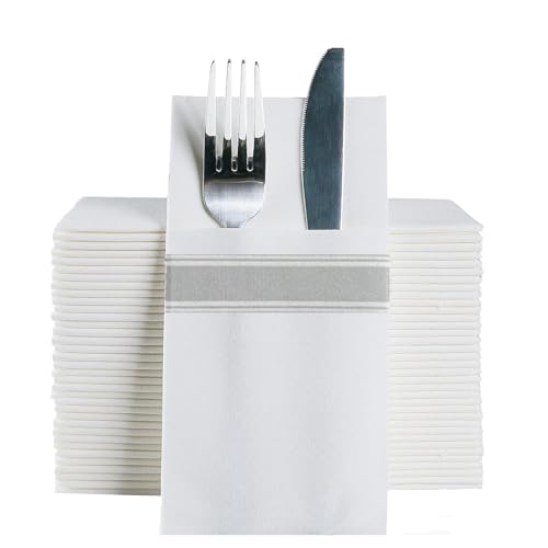 DADAWU Disposable Napkins with Pre-folded Utensil Pocket for Cutlery,Thick Absorbent Durable Wood Pulp, Silver Print