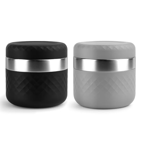 Image of 24 oz Insulated Food Jar, Stainless Steel Lunch Container, 2 Pack | 18 /8 Stainless Steel, Leakproof Lid, Wide Mouth, Silicone Sleeve, Measurement Marks, Hot & Cold Food, Soup, Dishwasher Safe
