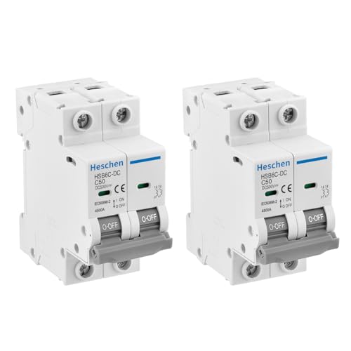 Heschen 2 unidades Disyuntor en miniatura DC, HSB6C-DC, 2 polos, DC500V 50A, disyuntor fotovoltaico, para sistema de paneles solares de PVC, sistema de rejilla, montaje en carril DIN de 35mm (50A)