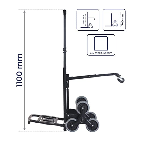 Image of HT150BS Staircase Climbing Hand Truck with Back Support 150kg Capacity Made of Durable Steel, with 360 Degree Swivel Wheels, Black Colour, (65x46x110cm), Portable Foldable Easily Storable