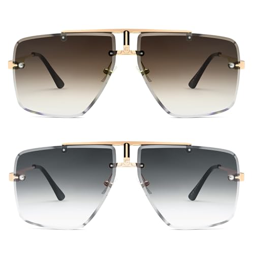 Image of Rimless Oversized Square Sunglasses for Men Trendy Fashion Big Shades Tinted Lens Gold Metal Frameless Glasses UV400
