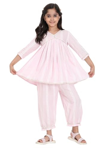 Image of Maaesa Girls' Light Pink & White Striped Cotton Alia Kurta and Afghani Pants Set | Sleeves | V-Neck with Metallic Trim | Lightweight & Breathable | Festive & Casual Wear