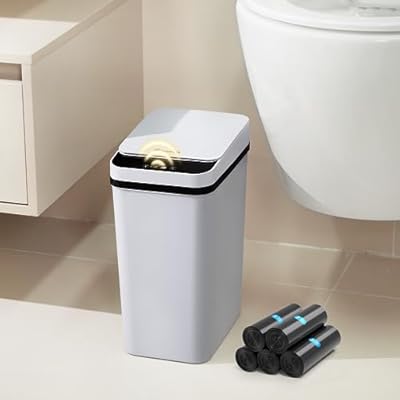 FRESHLIX Bathroom Trash Can 2.6 Gallon Automatic Small Garbage Can with Lid, Slim Motion Sensor Plastic Narrow Trash Bin for Bedroom, Kitchen, Office (A-Basic Battery Supply-Grey, 1 Pack(2.6 Gallon))
