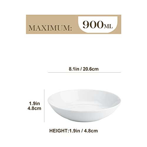 MALACASA, Series Regular, 8'' Pasta Bowl, Porcelain Salad Pasta Bowl, Large Ceramic White Soup Bowl Set, Serving Plates for Salad Pasta Soup Fruit, Microwave Dishwasher Safe, Set of 4