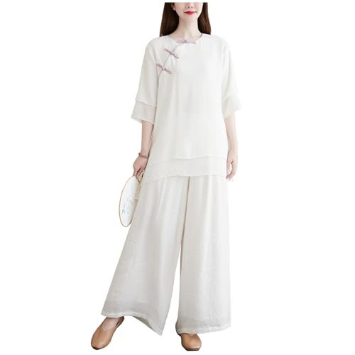 Tai-Chi-Kleidung für Damen, Traditionelles Chinesisches Kung-Fu-Set aus Baumwolle und Leinen, Uniform für Zen-Meditation, Kampfsport, Wing Chun-Bekleidung,White-M