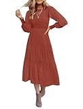 ZESICA Women's 2024 Casual Long Sleeve Crew Neck High Waist Smocked Flowy Tiered Midi Dress,Rust,Medium