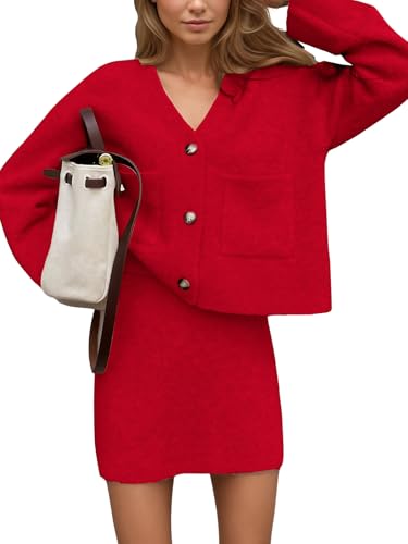 EXLURA Womens 2 Piece Skirt Sweater Sets V Neck Button