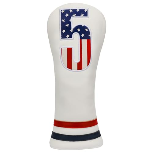 5 Wood Headcover - USA Stars and Stripes Fairway Cover for 5 Wood Golf Clubs, PU Leather 5 Fairway Wood Head Cover for Men Women - White
