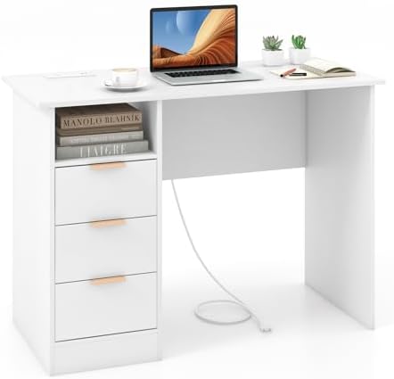LIFEZEAL Bureau d'Ordinateur avec Prise Intégrée, 3 Tiroirs, 1 Compartiment, Table PC en Bois avec Rangement, Poste de Travail Informatique, 108x48x76cm, Moderne Blanc