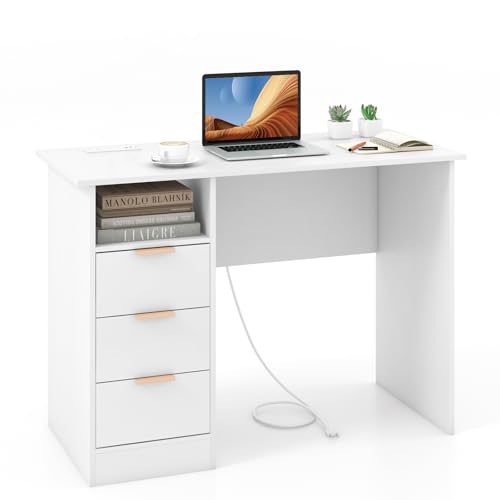 LIFEZEAL Bureau d'Ordinateur avec Prise Intégrée, 3 Tiroirs, 1 Compartiment, Table PC en Bois avec Rangement, Poste de Travail Informatique, 108x48x76cm, Moderne Blanc