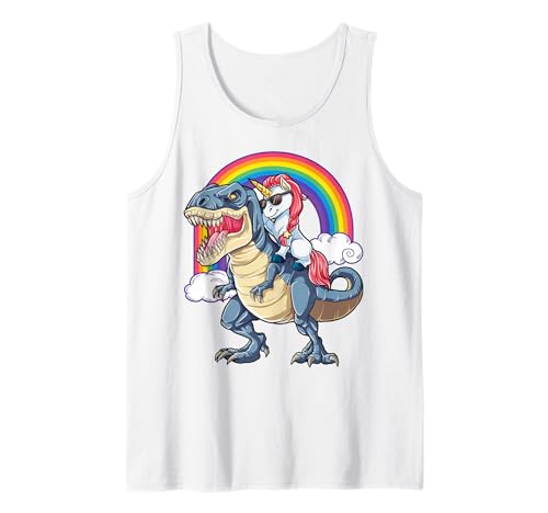 Unicorn Riding Dinosaur T rex Funny Men Women Rainbow Gifts Tank Top Small
