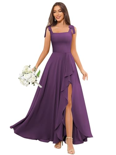 Chiffon Bridesmaid Dresses with Bow Square Neck Ruffled Formal Dresses for Women
