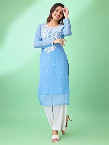 Image of HESVI Women's Georgette White Lakhnavi Chikankari Kurti with Intricate Embroidery Work