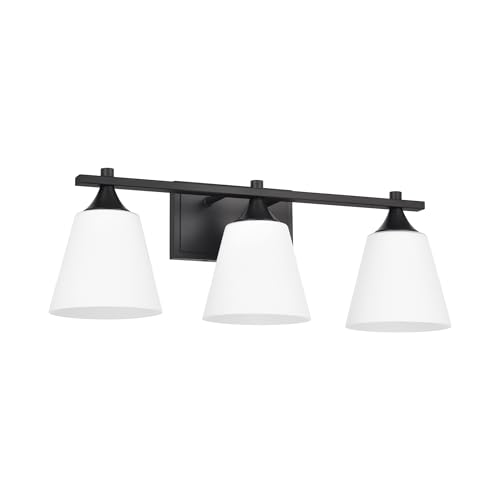 Image of Black Bathroom Vanity Light Fixtures, 3 Lights Traditional Vanity Lighting Fixture with Opal Glass Shade, Porch Wall Mount Light Fixture for Bathroom, Mirror Cabinets Hallway Stairs, Matte Black