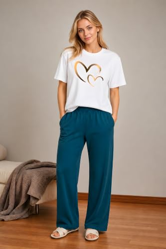 Image of ELVIA Women's Pure Cotton Top and Pyjama Co-Ord Set | Double Heart Graphic Printed Night Suit | Regular Fit Half Sleeve Round Neck T-Shirt with Pajama Sleepwear Loungewear Set
