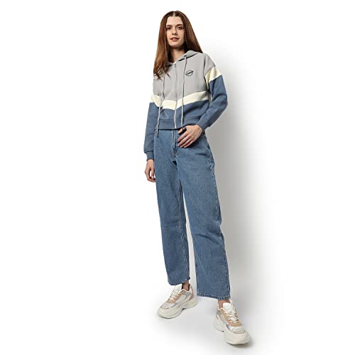Image of Campus Sutra Women Grey Colour-Block Regular Fit Zipper Sweatshirt with Hoodie for Winter Wear | Full Sleeves | Cotton Sweatshirt | Casual Sweatshirt for Woman | Stylish Sweatshirt for Womens