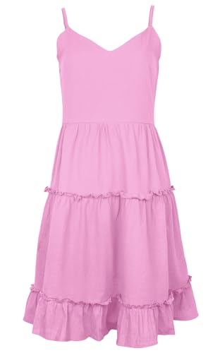 Image of FANCYINN Women Floral Casual Tiered Mini Dresses Spaghetti Strap V Neck Backless A Line Swing Short Dress with Pockets