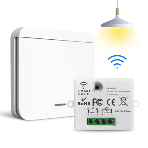Funk Lichtschalter - 230V Funklichtschalter Set ohne Stromverlegung, mit Empfänger – Funklichtschalter für Lichtsteuerung in Badezimmer, Schlafzimmer, und Außenbereich (1 Empfänger mit 1 Schalter)