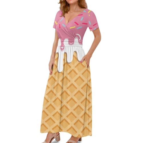 Image of Women's Fall Summer Short Sleeve Ankle Length V-Neck Party Dress with Pockets Size S-3XL