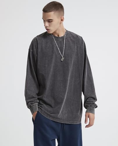 Men's Oversized T Shirts Long Sleeve Shirts for Men Vintage Acid Wash Comfort Colors Crewneck Sweatshirt3