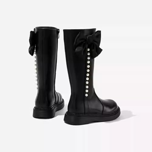 Girls Knee High Boots Leather Tall Winter Riding Boots with Back Zipper Faux Fur Ball Decorations Comfortable Round Toe Fashion Combat Boots for Little Kid/Big Kid4