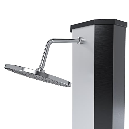 Solardusche, 35 Liter, 220 cm, für Garten, Pool, verchromt, Regenduschkopf mit Temperaturregler und Fußbrause, Schlauchanschluss, Außenpool, Terrasse, Silber Schwarz