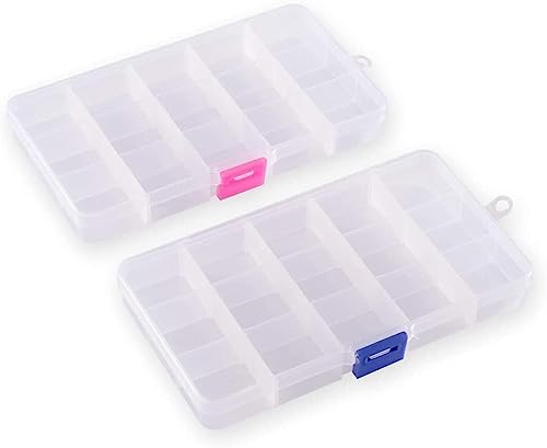 YukaBa 2 Pack 15 Grids Plastic Small Crafts Storage Boxes with Adjustable Dividers (6.7