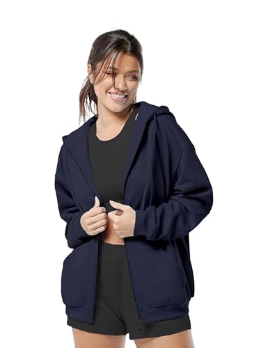 Image of DROBE Relaxed Fit Plain Cotton Blend Full Sleeves Hodded Zipper Jacket for Women