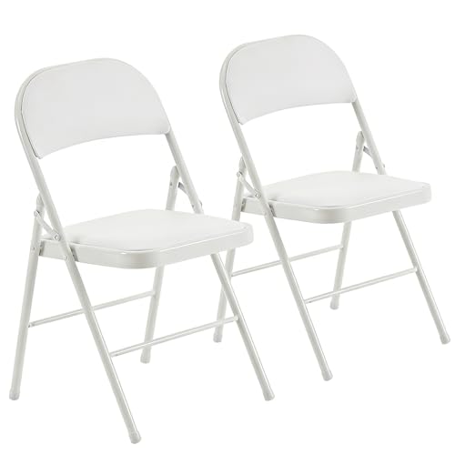 Karl home Folding Chairs Set of 2, with Padded Seats for Outdoor & Indoor, Portable Stackable Commercial Seat with Steel Frame for Events Office Wedding Party, 330lbs Capacity (White)