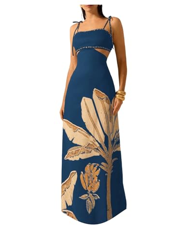 Image of SOLY HUX Women's Summer Maxi Dress Boho Print Tie Shoulder Spaghetti Strap Cut Out Tie Back Cami Dresses Sundress