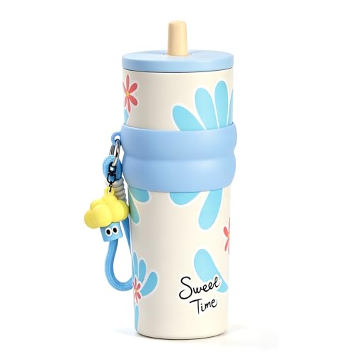 Stainless Steel Tumbler with Straw, 750ml/25oz Reusable Leak Proof Water Bottle, Travel Portable Coffee Mug for Hot and Cold, Fit in Car Cup Holder (Blue Flower)