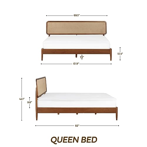 Image of NTC Lupin Wooden Bed Frame with Headboard, Crafted from Walnut, Rubber Wood with Silent Slats and Wood Central Supports, 1000 Lb Capacity, Effortless Assembly, Queen - Dark Walnut