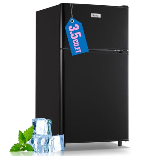 WANAI Double Door Small Refrigerator with Freezer-on-top, 3.5 Cubic Feet Mini Fridge with 7-Level Adjustable Thermostat for Office, Dorm, Bedroom, Home and Apartment, Black