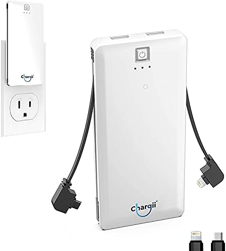 Chargii White Portable Battery Charger Built in Cable Compatible with iPhone Compatible Wall Plug AC Adapter USB-C + 2 USB Ports, Compact External Powerbank Cell Phone Compatible with iPhone, Android