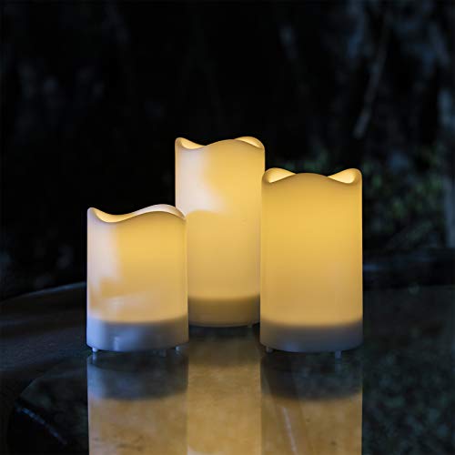 Solar Candles Outdoor Waterproof, ZHONGXIN Flameless Warm White Flickering Rechargeable Battery LED Candle Lights, 3inch Diameter Electric Pillar Candles for Home Garden Window Lantern DÃ©cor-Set of 3