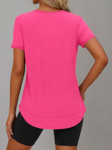 Fisoew Womens Short Sleeve T Shirts V Neck Scalloped Tunic Tops Summer Workout 2026 Trendy Casual Basic Dressy Tees Rose Red — view 3
