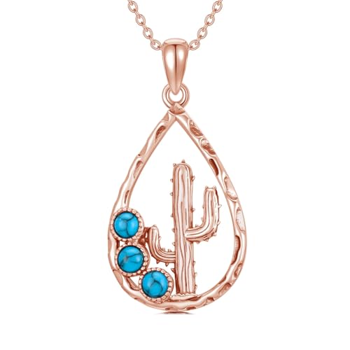 PELOVNY Rose Gold Plated Cactus Necklace S925 Sterling Silver Turquoise Necklace Cactus Pendant Western Jewelry Birthday Christmas Gifts for Women Mom Wife Her