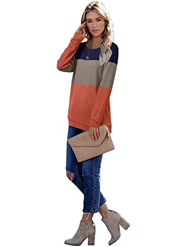 Crazy Grid Women Long Sleeve Shirts Woman Casual Fall Sweater Color Block Tunic Crew Neck Sweatshirt Teen Girl Fashion Dressy Long Sleeve Tops 2022 Oversized Blue Orange 3X-Large #TOP2