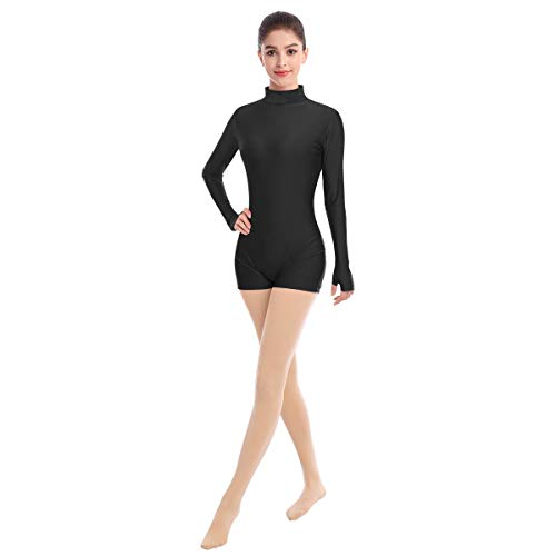 IMEKIS Maillot de ballet de manga larga para mujer, de elastano, cuello alto, ballet, leotardo, monocolor, de una pieza, para gimnasia, elástico, para deporte, tallas XS - 3XL, Negro , S