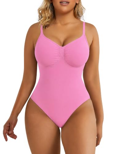 SHAPERX Women's Tummy Control Shapewear Thong Bodysuit Seamless Waist Snatching Body Shaper,SZ5215-Pink-S/M