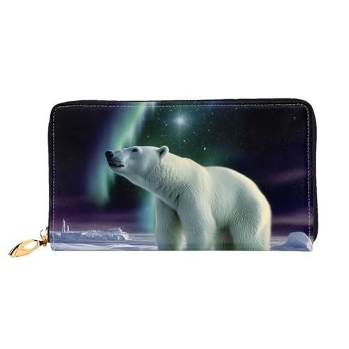 Polar Bears Northern Lights Women Wallets Leather Zip Around Clutch Purses Waterproof Credit Card Holder With Phone Holder Ladies Travel Coin Purse