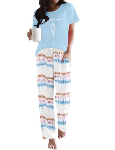 Image of Ekouaer Pajama Sets for Women Round Neck Pjs Short Sleeve Sleepwear with Long Pants Loose Lounge Sets