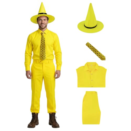 GQWSTP Man In The Yellow Hat Costume Halloween World Book Day Shirt Pants Polka Dot Tie Uniform Suit Set Cosplay for Adult S