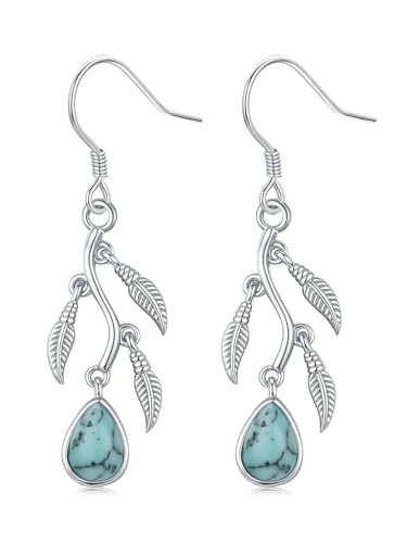 Turquoise Feather Earrings 925 Sterling Silver Feather Drop Earring Native American Jewelry Indigenous Western Gifts for Women