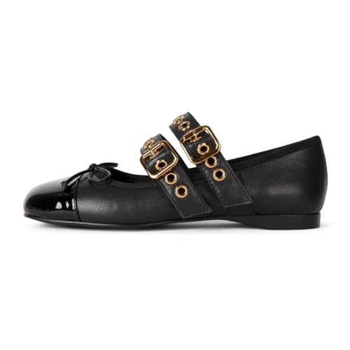 miss left Women Bows Closed Round Toe Mary Jane Flats Dual Buckle Straps with Grommet Adorable Goth Cosplay Holidays Shoes Size 4-16 US2